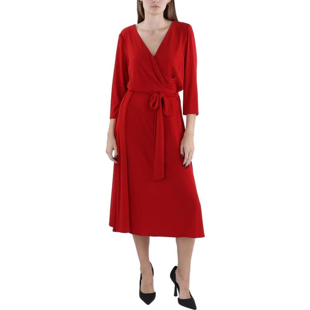 Lauren Ralph Lauren Womens Red Surplice 3/4 Sleeve Midi Dress NWT